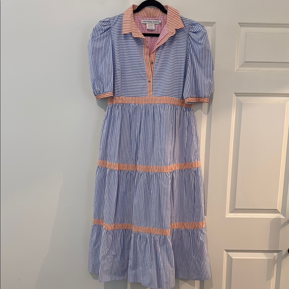 Gretchen Scott Designs Blue and White Striped Maxi Dress with Peach Trim